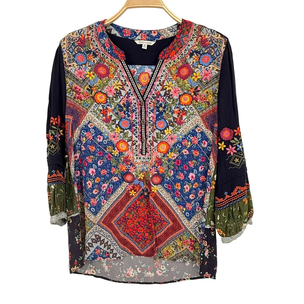 John Mark Blouse‎ Womens M Multicolor Excellent Boho Floral Embroidered Tiered